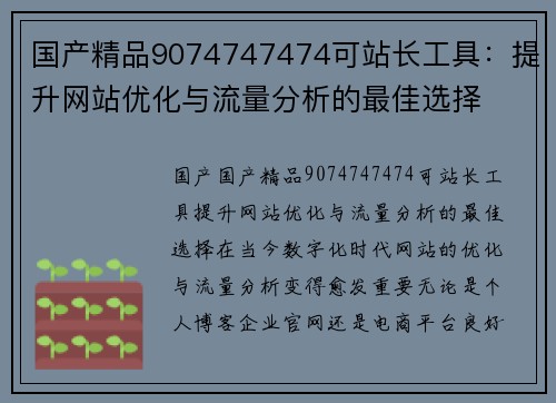 国产精品9074747474可站长工具:提升网站优化与流量分析的最佳选择